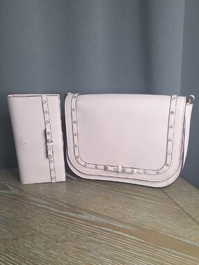 Women's Pink Studded Crossbody Bag and Wallet Set